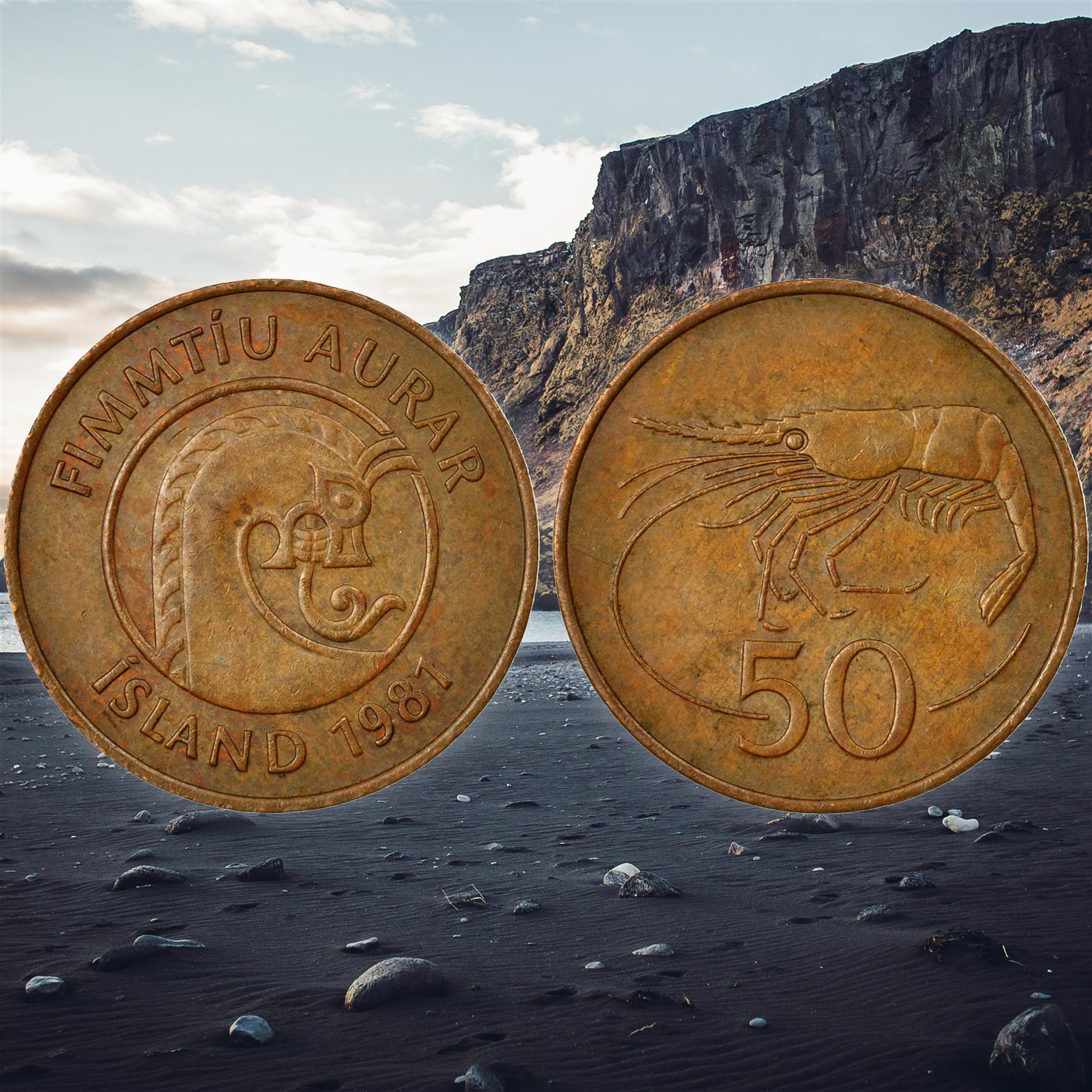 Iceland Coin Icelander 50 Aurar Giant Bergrisi Shrimp KM26 198