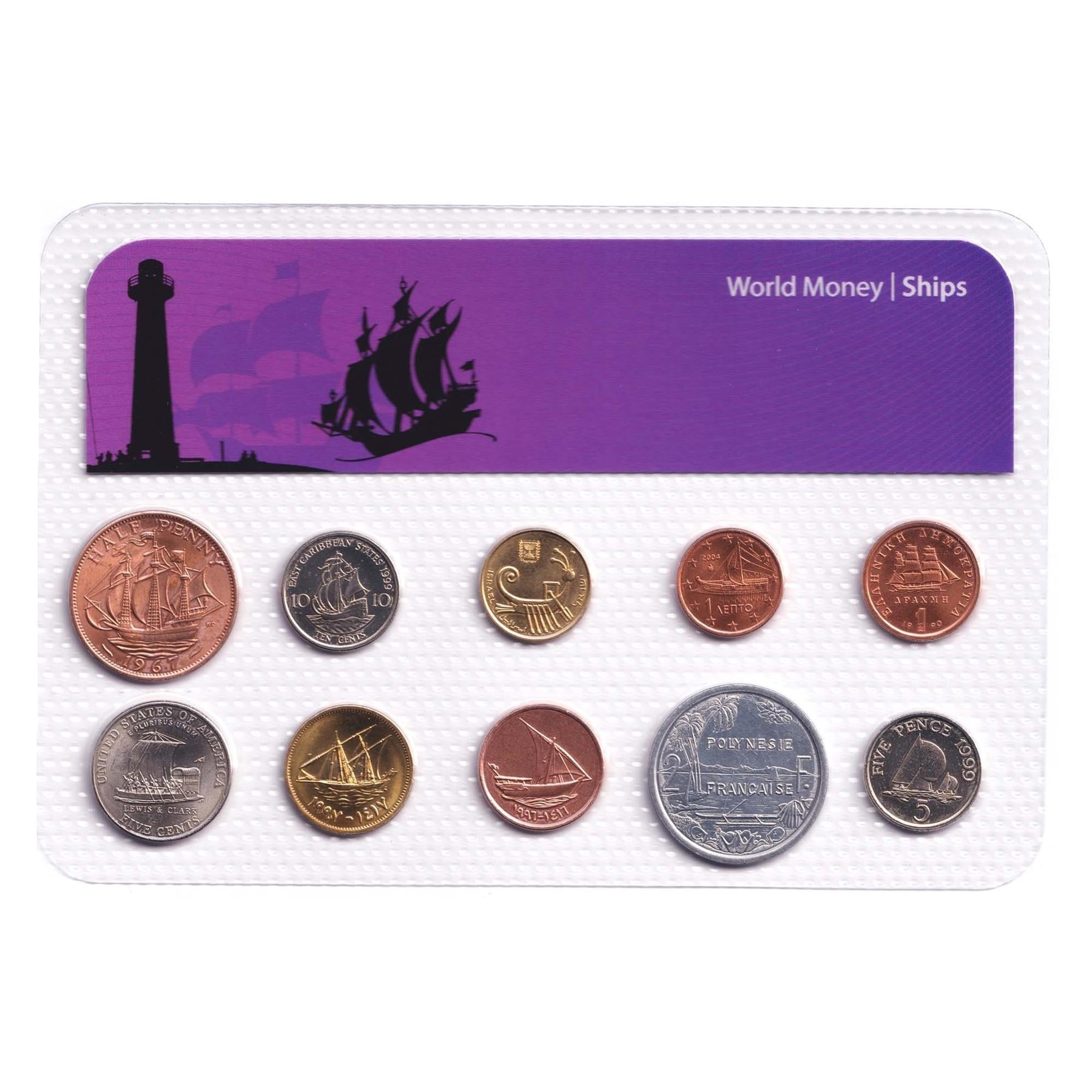 10 Coin Set World Ships | Sailing Ship | Longship | Boat | Yacht | Dhow | Galley | Corvette | Trireme | Warship | 1954 - 2013