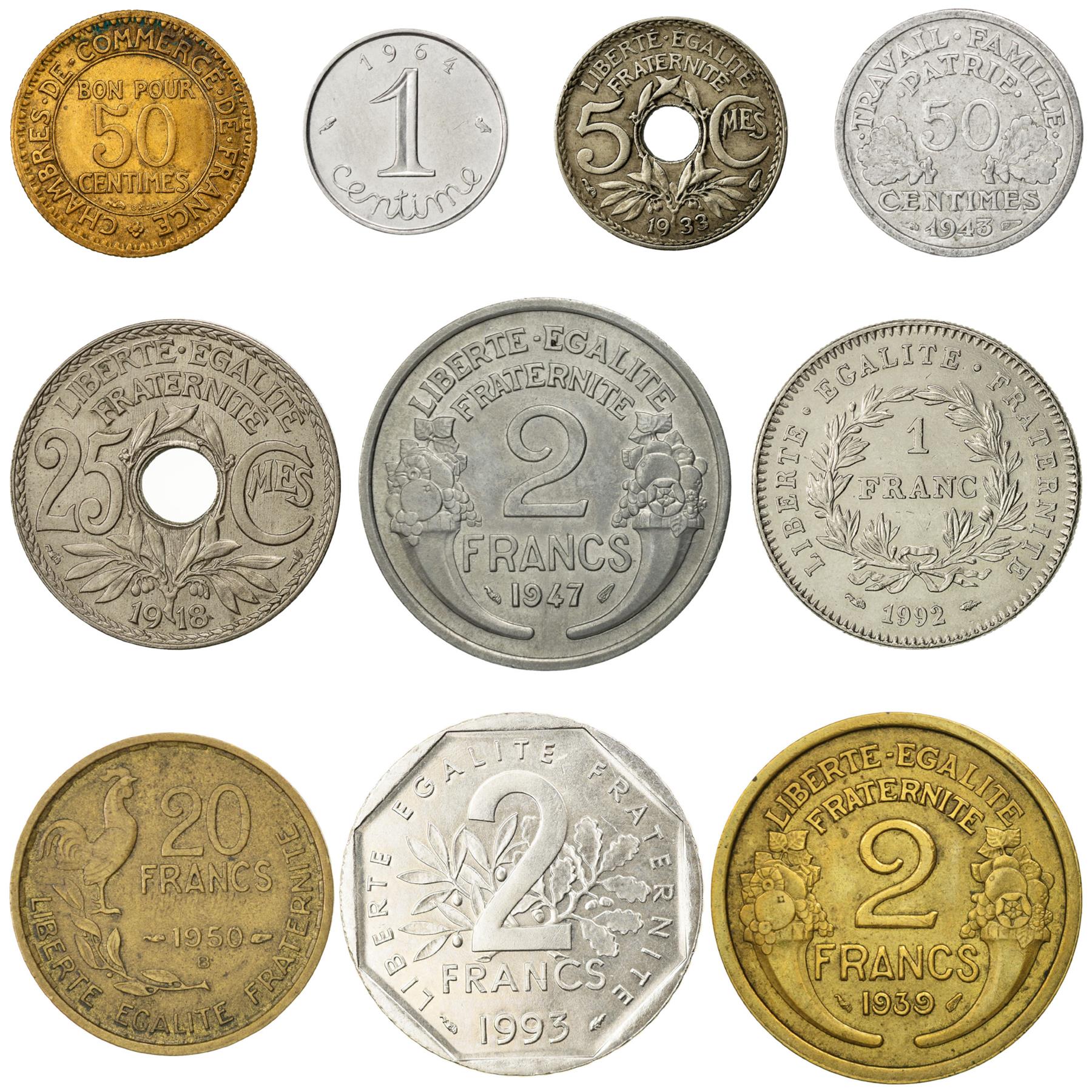 10 France Coins | French Currency Collection | 1 5 25 50 Centimes 1 2 20 Francs | Foreign Money | Collection De Pièces | 1917 - 2001