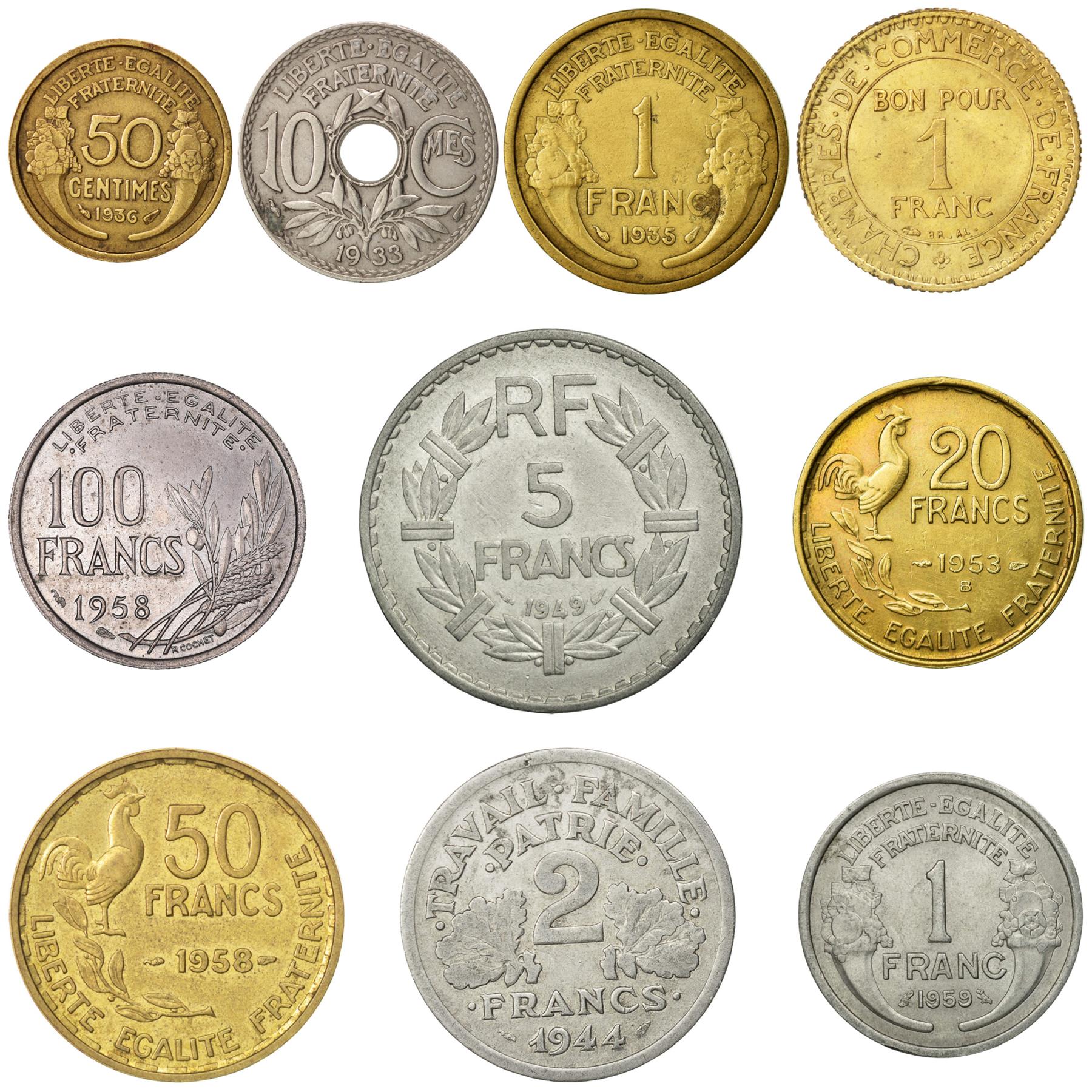 10 France Coins | French Currency Collection | 10 50 Centimes 1 2 5 20 50 100 Francs | Foreign Money | Collection De Pièces | 1917 - 1959