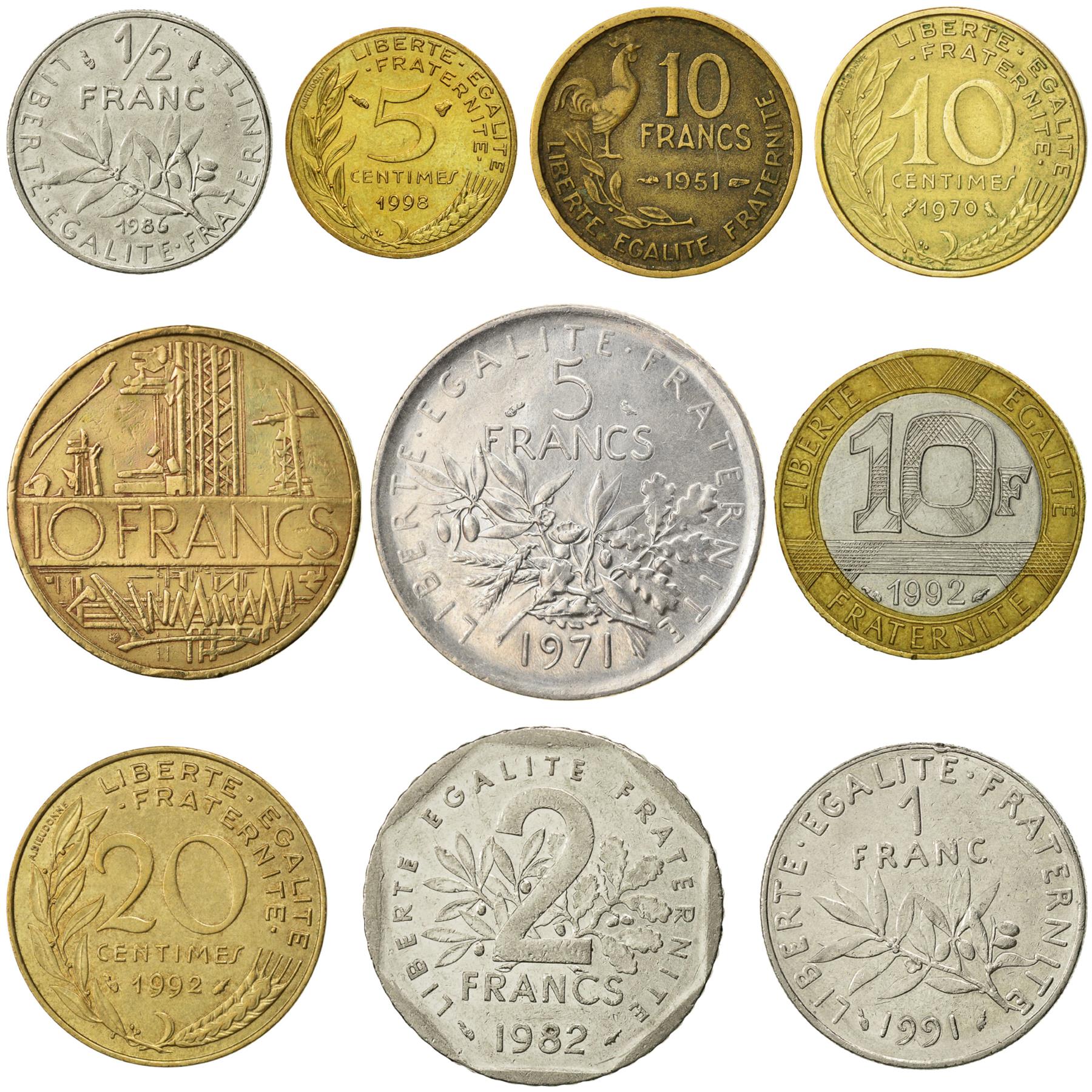 10 France Coins | French Currency Collection | 5 10 20 Centimes 1 1/2 2 5 10 Francs | Foreign Money | Collection De Pièces | 1950 - 2001