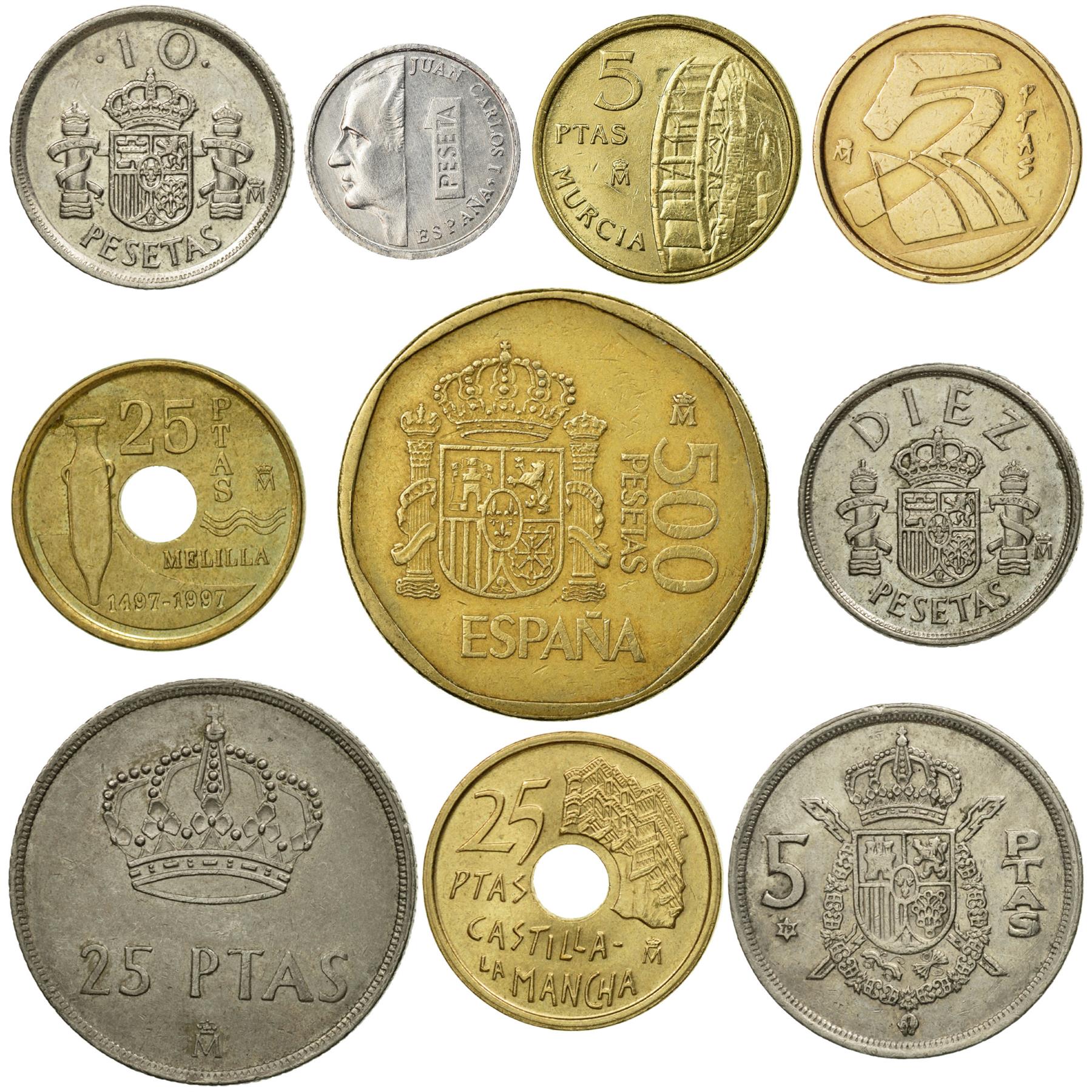 10 Spain Coins | Spanish Currency Collection | 1 - 500 Pesetas | Foreign Money | Monedas De Coleccion | 1975 - 2001