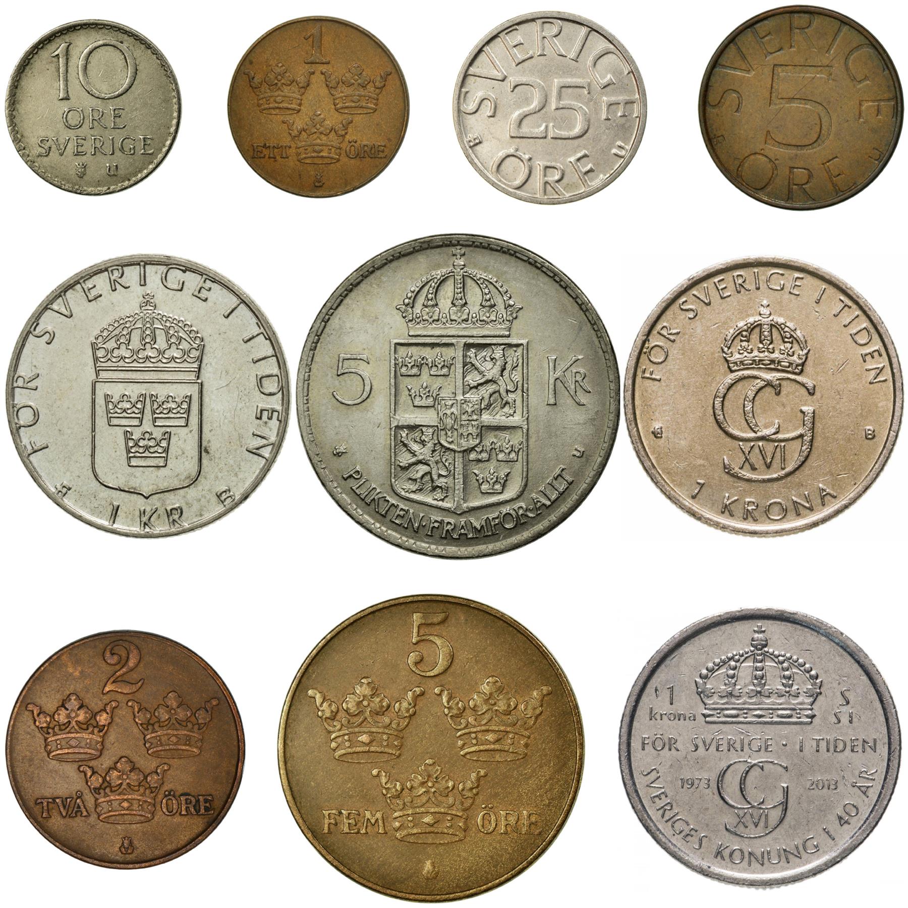 10 Sweden Coins | Swedish Currency Collection | 1 2 5 10 25 Ore 1 5 Kronor | Foreign Money | Collectible Coins | 1909 - 2013