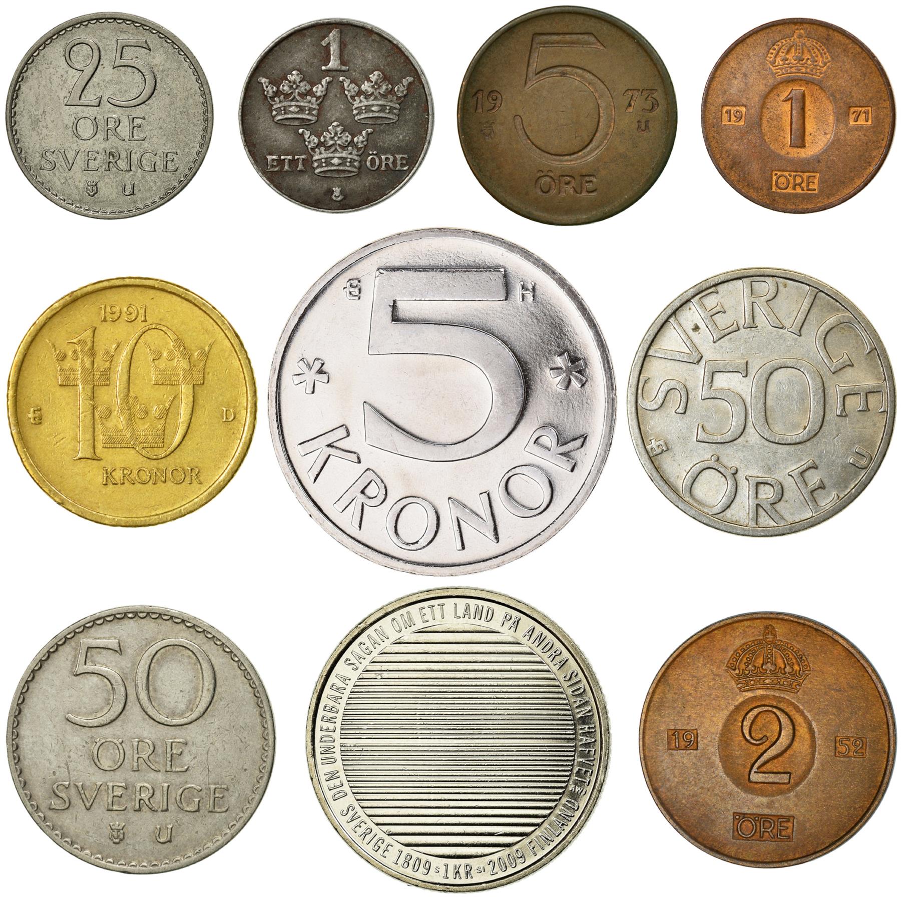 10 Sweden Coins | Swedish Currency Collection | 1 2 5 25 50 Ore 1 5 10 Kronor | Foreign Money | Collectible Coins | 1942 - 2009