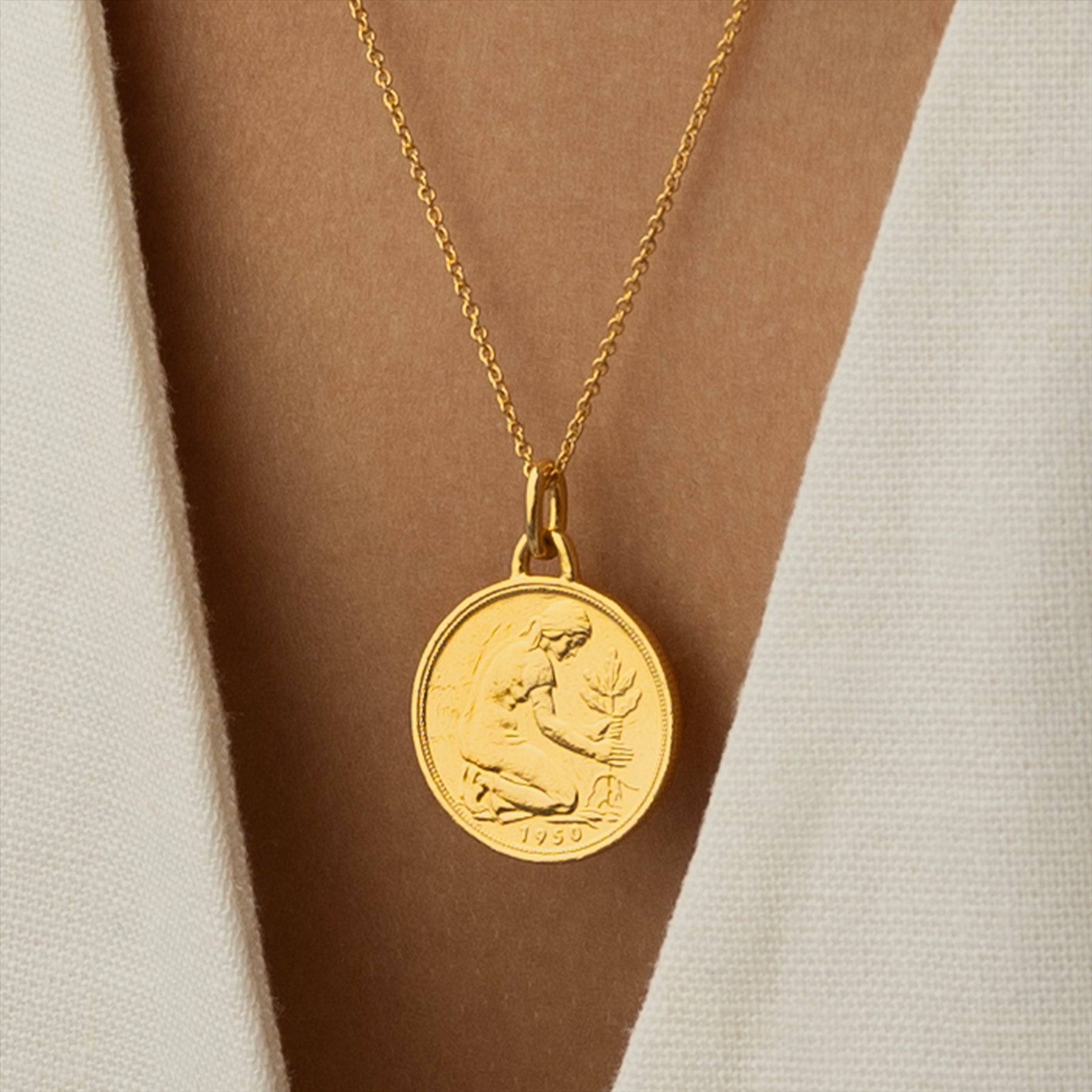 24K Gold Plated Genuine German 50 Pfennigs Coin Necklace | Medallion | 1950 - 2001