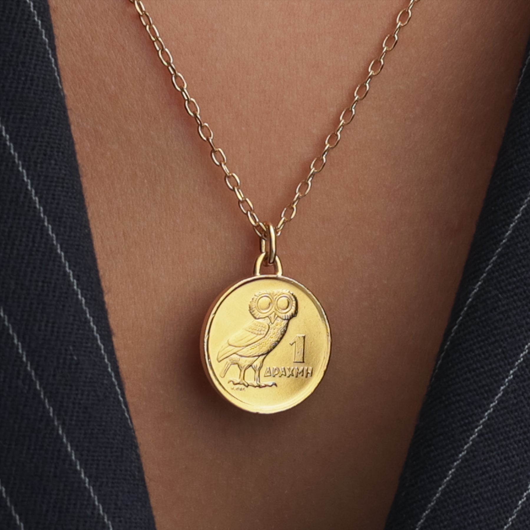 24K Gold Plated Genuine Greek 1 Drachma Coin Necklace | Medallion | Owl | 1973