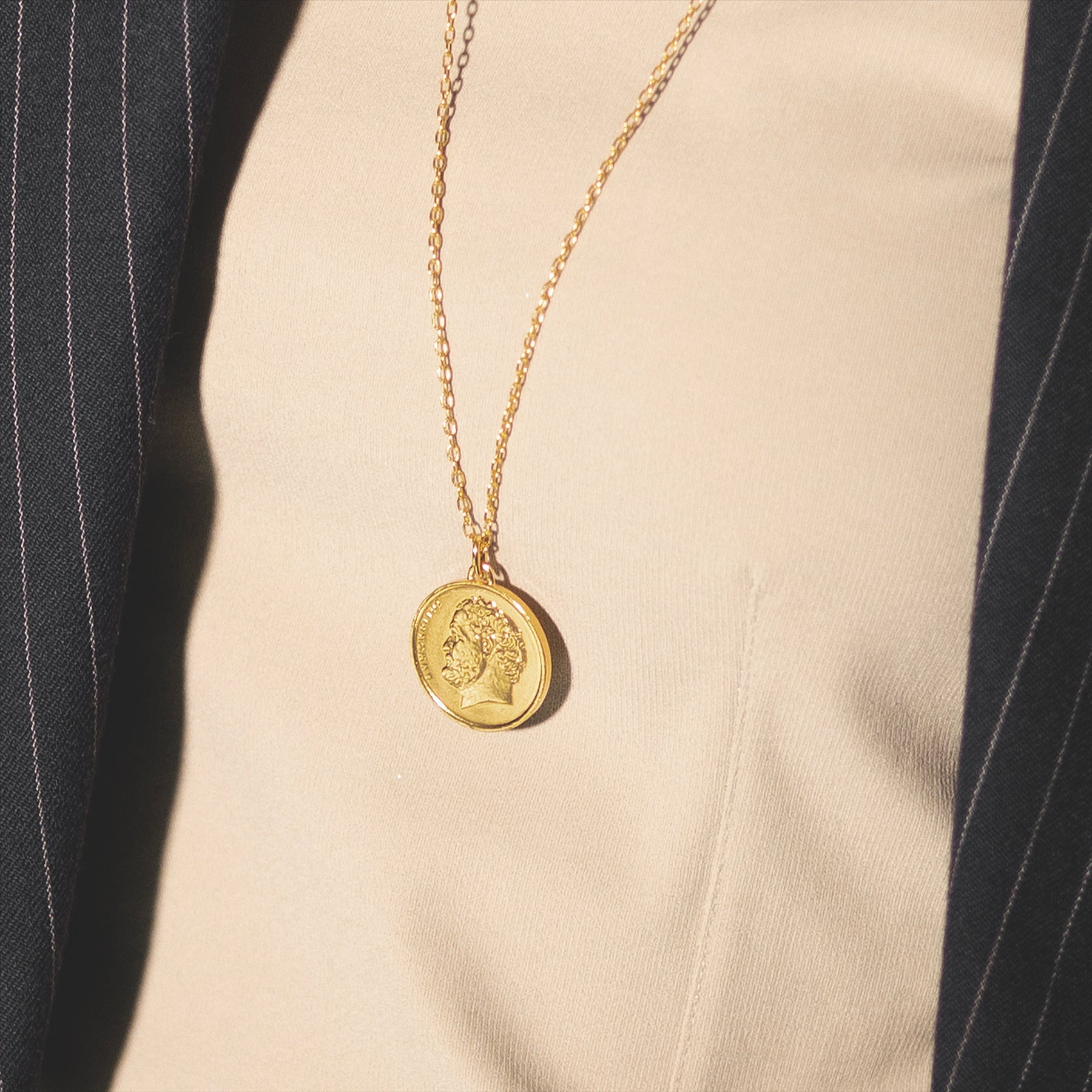 24K Gold Plated Genuine Greek 10 Drachmes Coin Necklace | Medallion | Democritus | 1976 - 2000