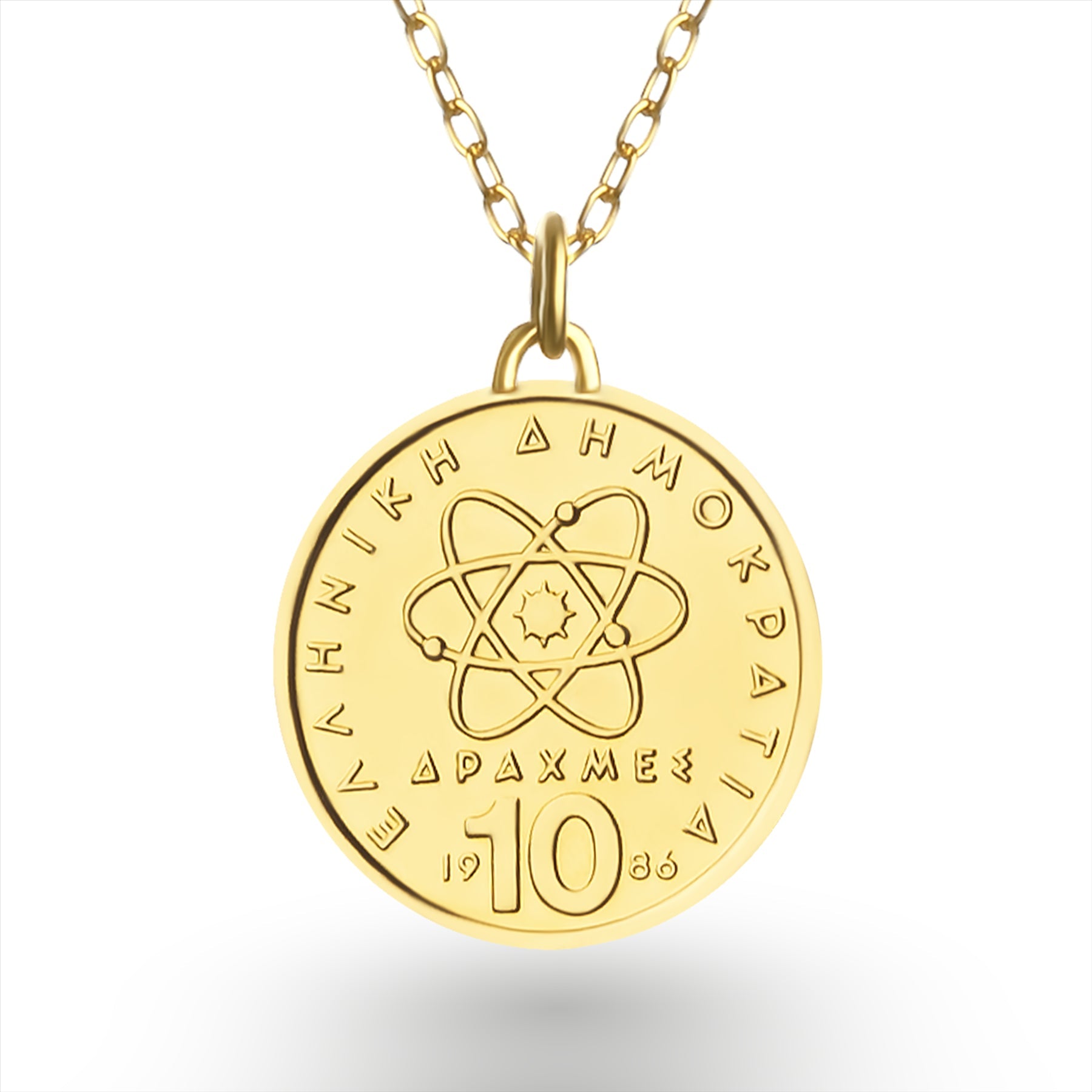 24K Gold Plated Genuine Greek 10 Drachmes Coin Necklace | Medallion | Democritus | 1976 - 2000