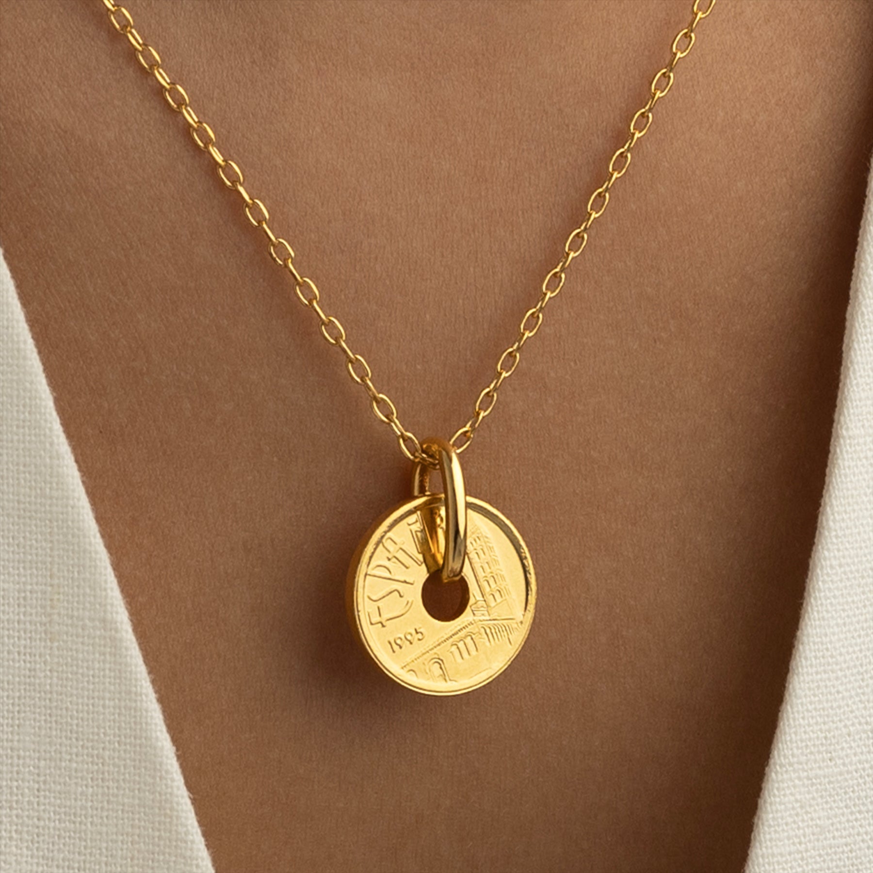 24K Gold Plated Genuine Spanish 5 Pesetas Coin Necklace | Medallion | Castile and Leon | 1995