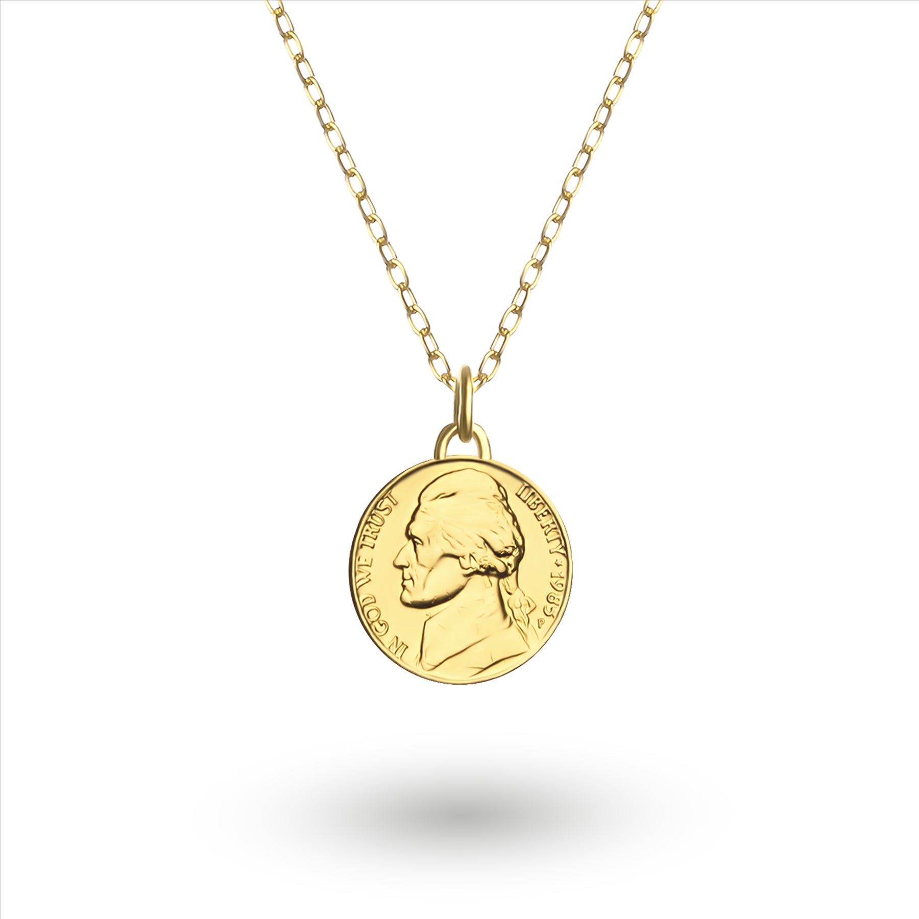 24K Gold Plated Genuine United States of America 5 Cents Coin Necklace | Medallion | Thomas Jefferson | 1938 - 2003