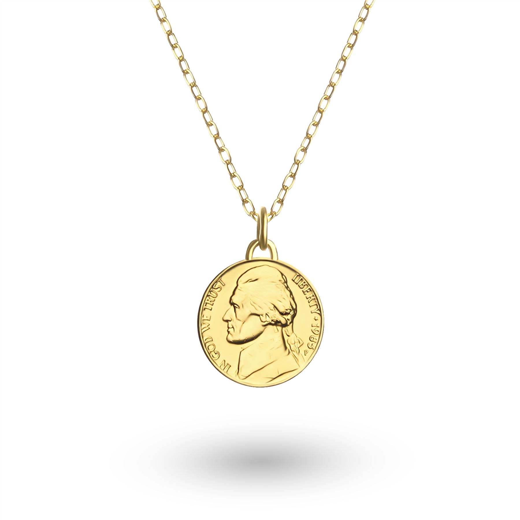 24K Gold Plated Genuine United States of America 5 Cents Coin Necklace | Medallion | Thomas Jefferson | 1938 - 2003