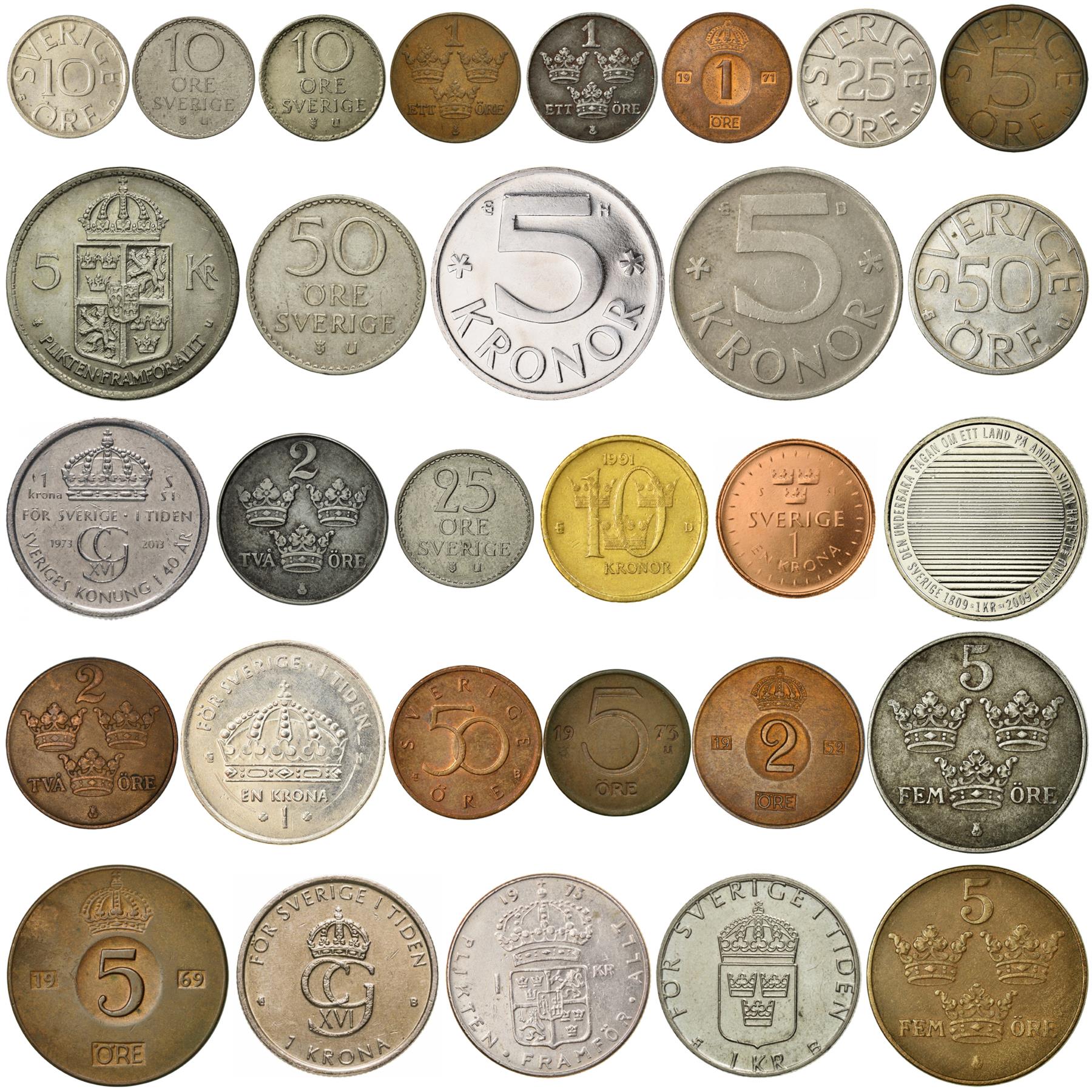 30 Sweden Coins | Swedish Currency Collection | 1 2 5 10 25 50 Ore 1 5 10 Kronor | Foreign Money | Collectible Coins | 1902 - 2016