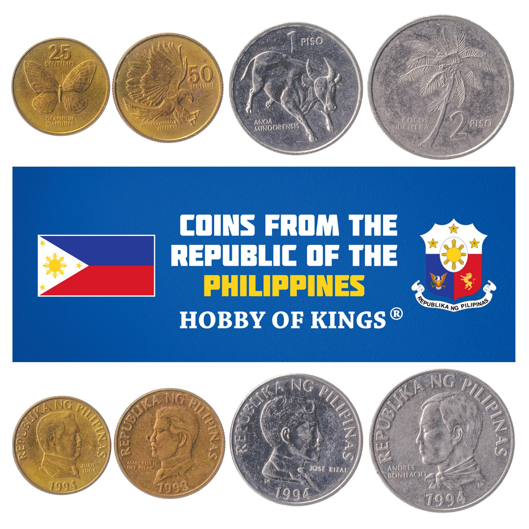 4 Coins Philippines 25 50 Sentimos 1 2 Peso | Lapu-Lapu | Monkey Eating Eagle | Juan Luna | Butterfly | Joze Rizal | 1991 - 1994