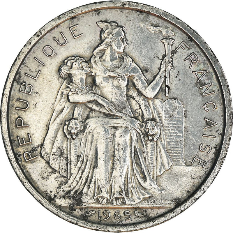 French Polynesia Coin French Polynesian 5 Francs | Liberty Sitting | Throne | Palm Tree | Sailboat | KM4 | 1965