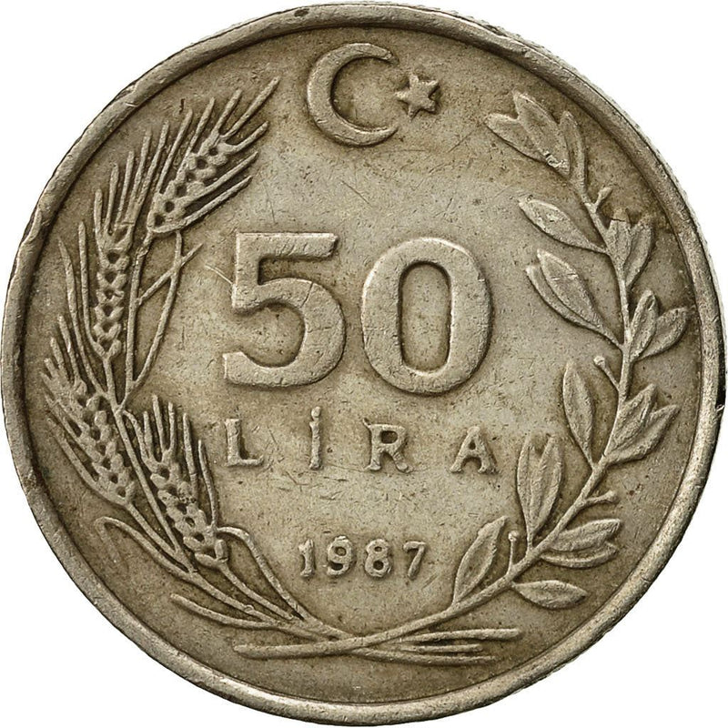 Turkey Coin Turkish 50 Lira | President Mustafa Kemal Ataturk | Moon Star | KM966 | 1984 - 1987