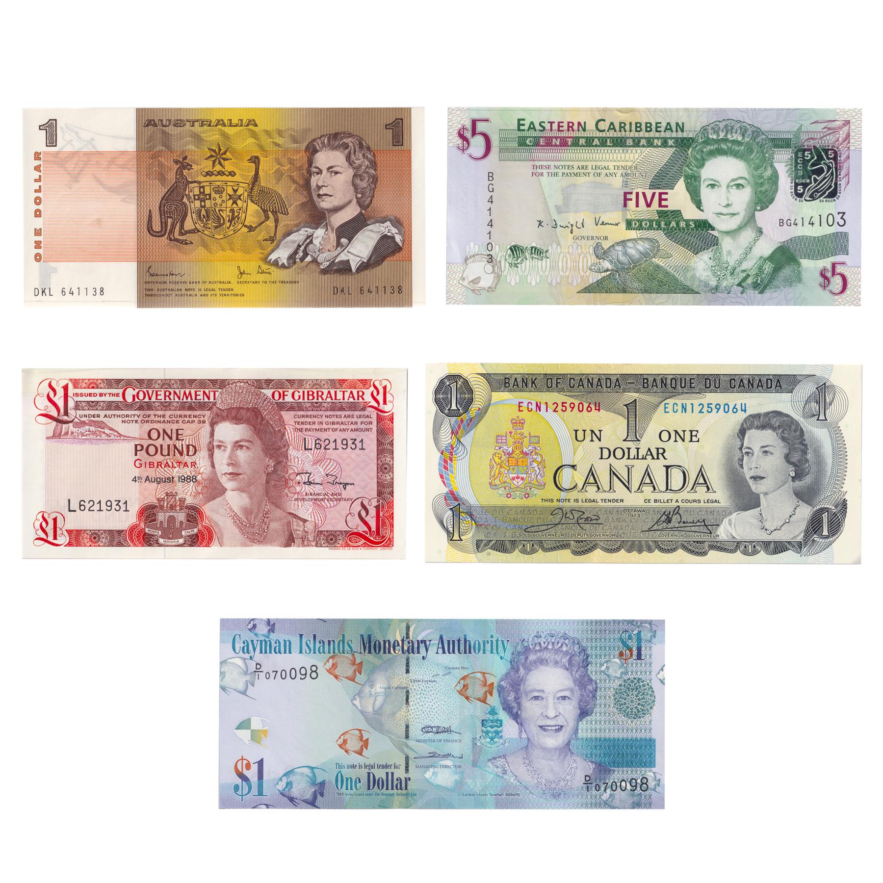 5 Banknote Set | Queen Elizabeth II | Gibraltar | Australia | East Caribbean States | Canada | Cayman Islands