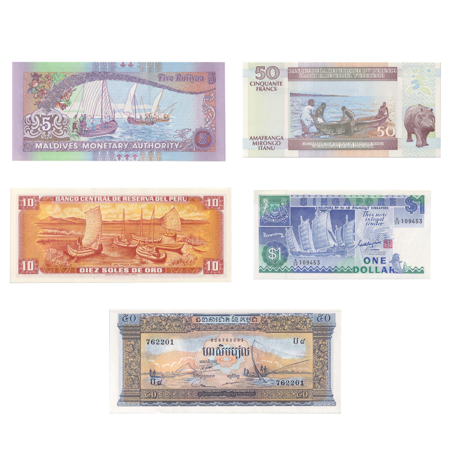 5 Banknote Set | Ships | Sha Chuan | Canoe | Dhow Sailing Ship | Reed Boats | Fishnet Fishing