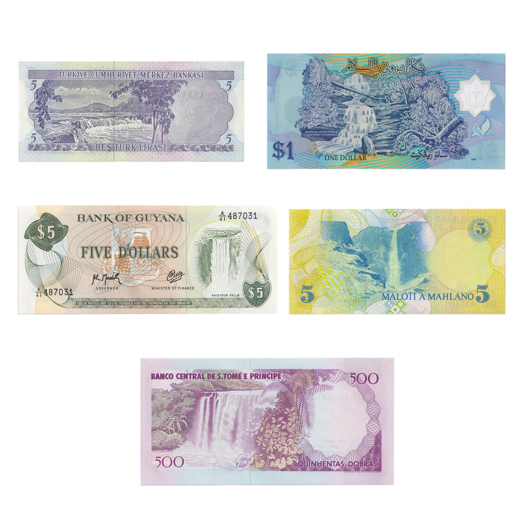 5 Banknote Set | Waterfalls | Lesotho | Turkey | Brunei | St. Thomas & Prince | Guyana