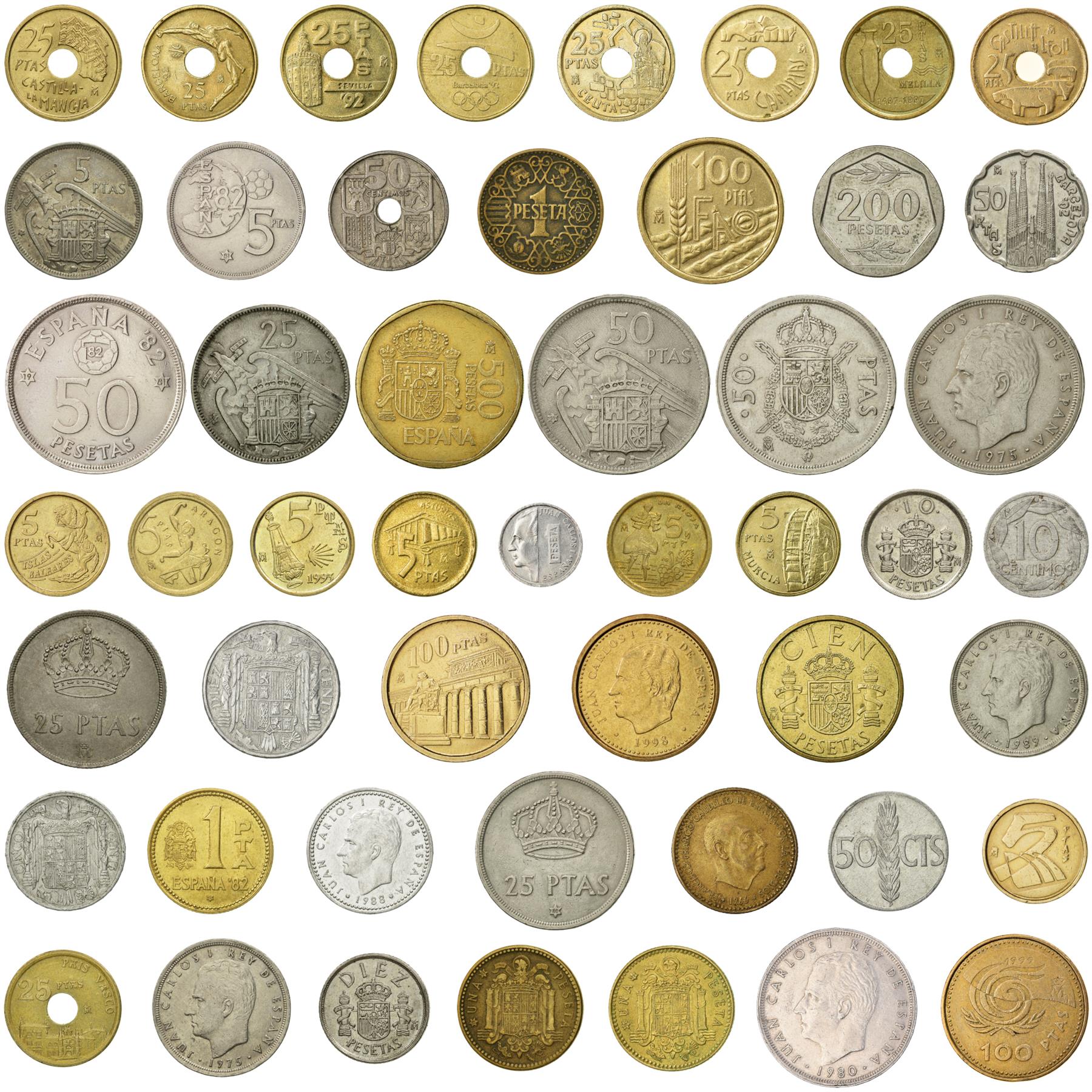 50 Spain Coins | Spanish Currency Collection | 5 10 50 Centimos 1 5 10 25 50 100 200 500 Pesetas | Foreign Money | Monedas De Coleccion | 1940 - 2001