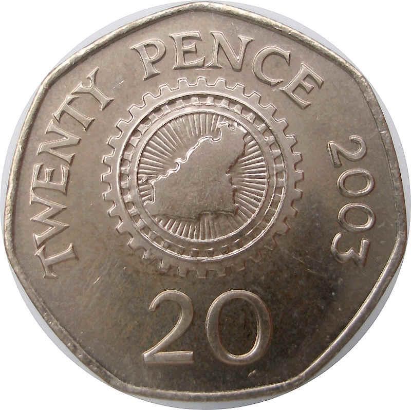 Guernsey Coin | 20 Pence | Queen Elizabeth II | Cogwheel | Island Map | KM90 | 1999 - 2012