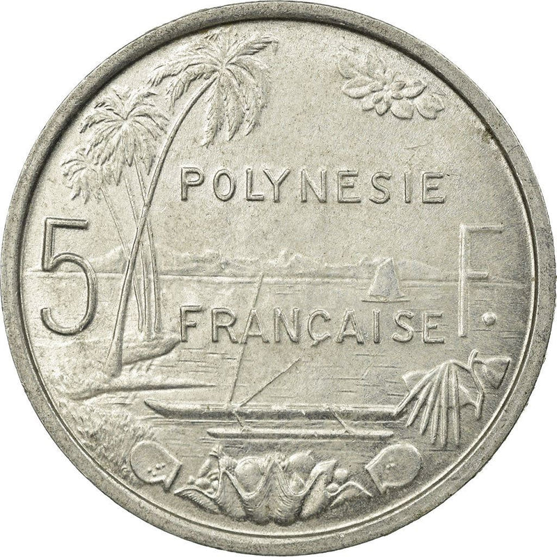 French Polynesia Coin French Polynesian 5 Francs | Liberty Sitting | Throne | Palm Tree | Sailboat | KM4 | 1965