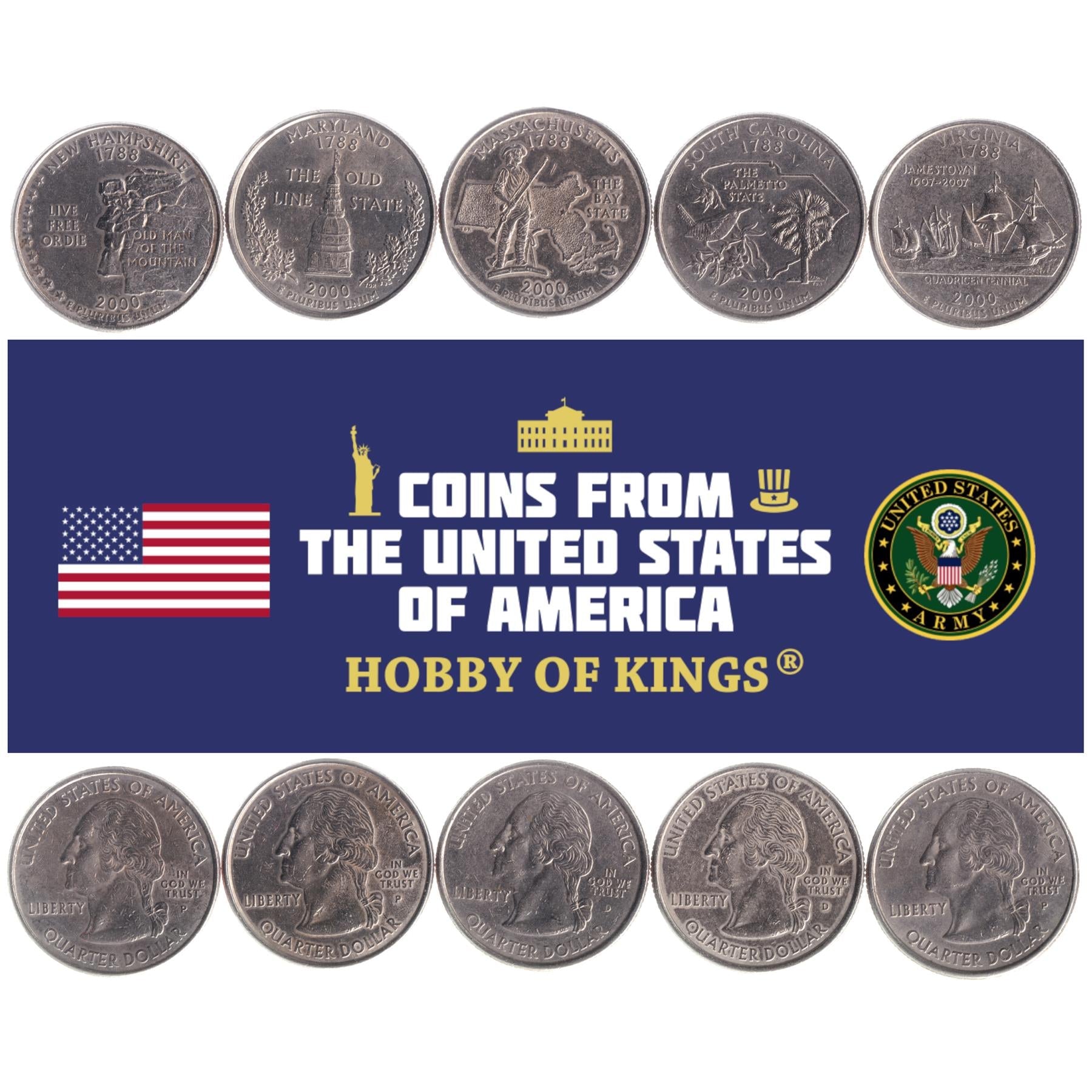 American 5 Coin Set ¼ Dollar | George Washington | Carolina Wren | Maryland Statehouse | The Old Man Of The Mountain | Susan Constant | Godspeed | Discovery | United States | 2000