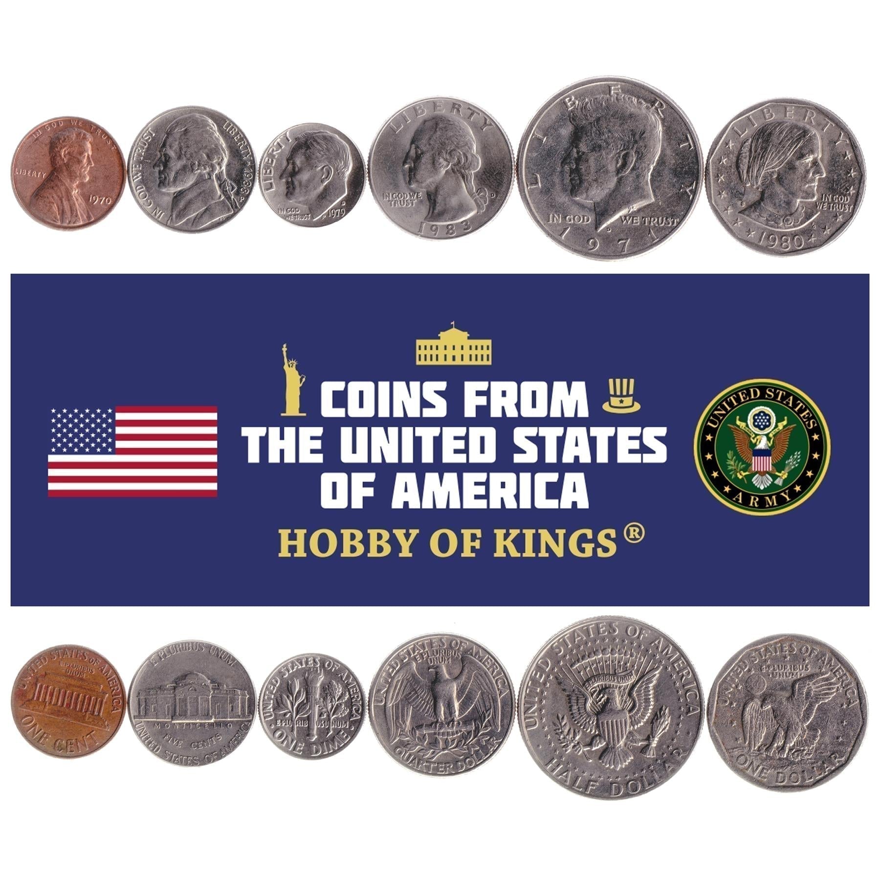 American 6 Coin Set 1 5 Cents 1 Dime ¼ ½ 1 Dollar | Susan B. Anthony | Abraham Lincoln | Thomas Jefferson | Franklin D. Roosevelt | John F. Kennedy | George Washington | Eagle | Monticello | Lincoln Memorial | United States | 1959 - 2003