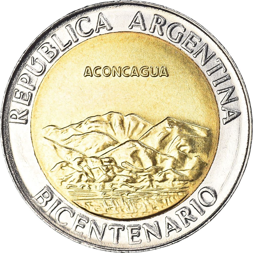 Argentina 1 Peso Coin | Aconcagua | Mountains | Sun | 2010