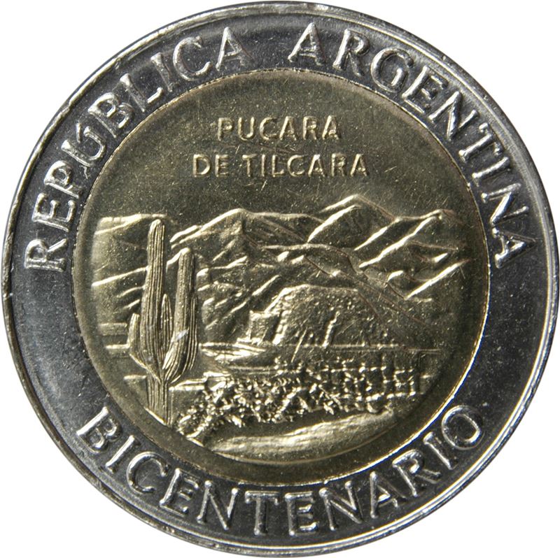 Argentina 1 Peso Coin | Pucara de Tilcara | Mountains | Sun | 2010