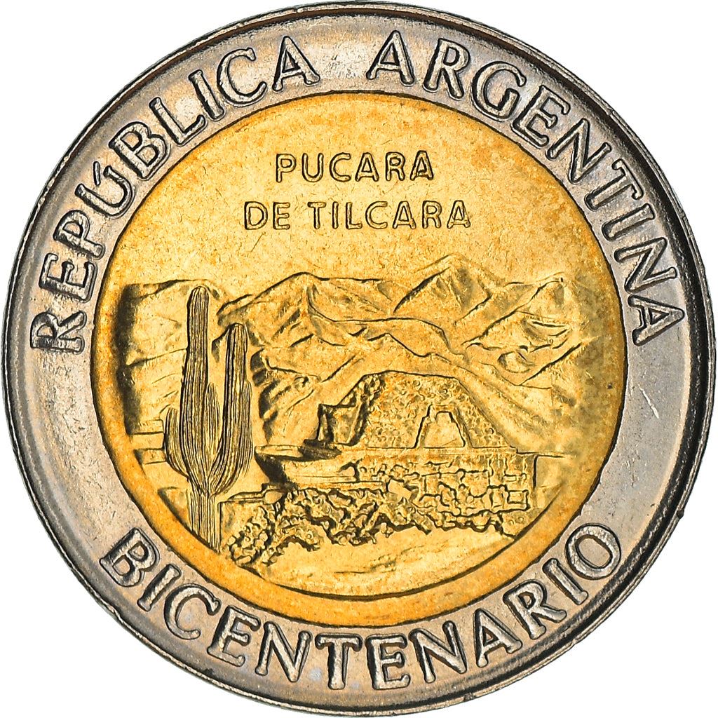 Argentina 1 Peso Coin | Pucara de Tilcara | Mountains | Sun | 2010