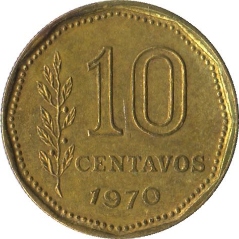 Argentina 10 Centavos | Liberty Sphinx | Oudine Coin | KM66 | 1970 - 1976