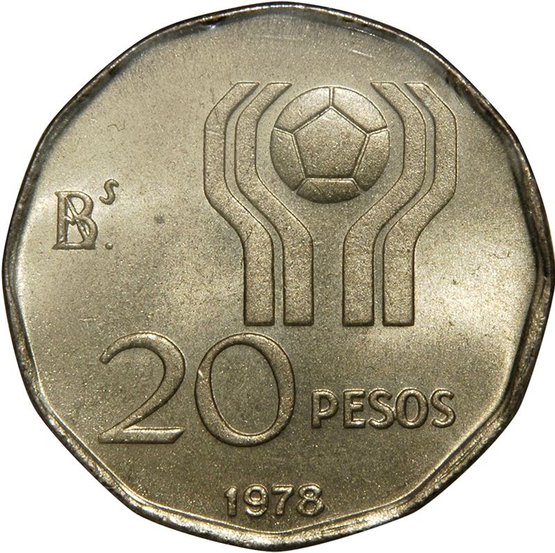 Argentina | 20 Pesos Coin | Soccer Players | Soccer Ball | 1977 - 1978