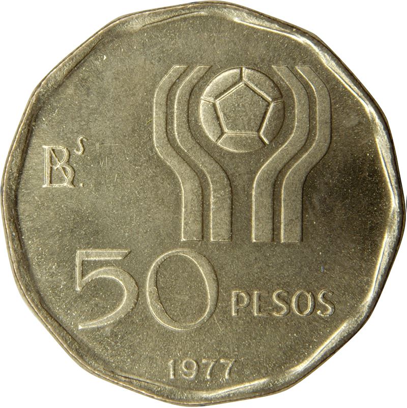 Argentina 50 Pesos Coin | Soccer | Ball | Globe | 1977 - 1978