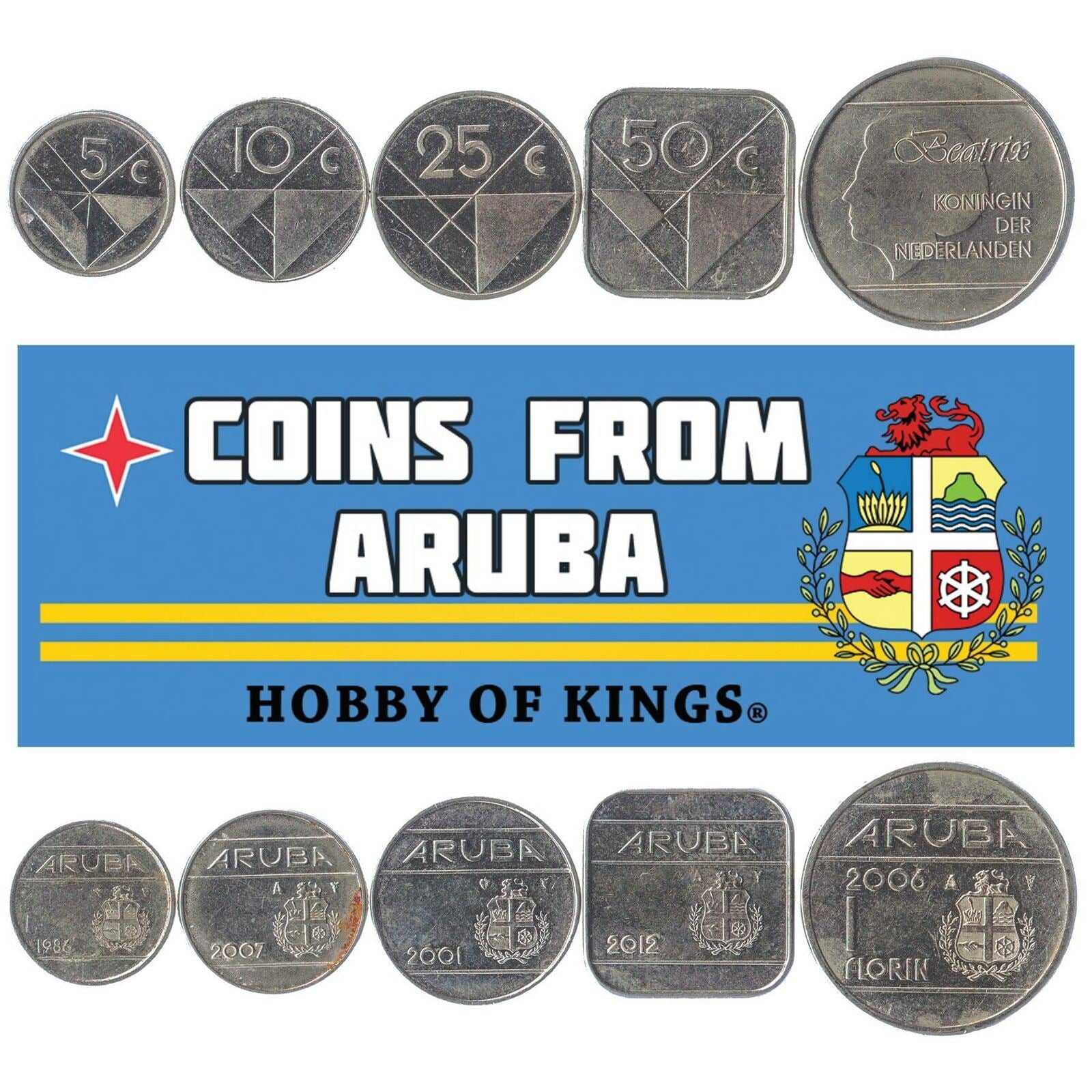 Aruba | 5 Coin Set | 5 10 25 50 Cents 1 Florin | Geometric Shapes | Queen Beatrix | 1986 - 2013