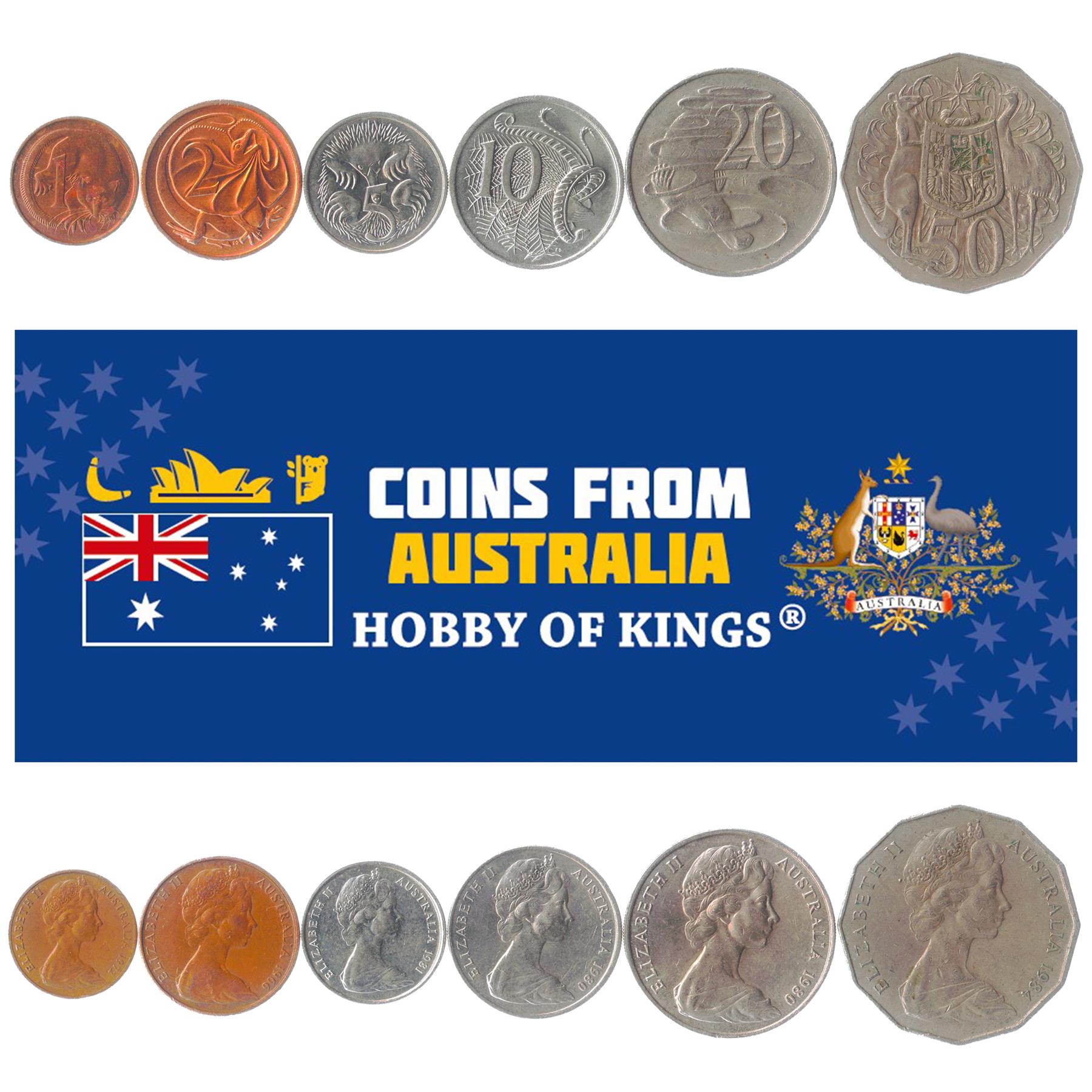 Australian 6 Coin Set 1 2 5 10 20 50 Cents | Glider | Platypus | Lyrebird | Lizard | Echidnas | Emu | Kangaroo | 1966 - 1984