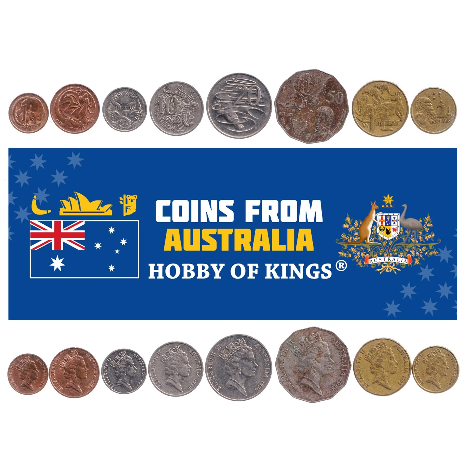 Australian 8 Coin Set 1 2 5 10 20 50 Cents 1 2 Dollars | Feathertail glider | Platypus | Superb Lyrebird | Frill-necked Lizard | Aboriginal man | Elizabeth II | Echidna | Emu | Kangaroo | 1985 - 1998