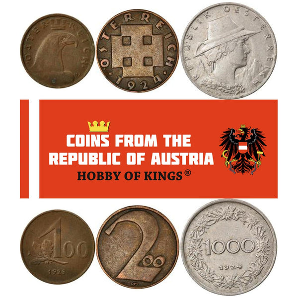 Austria | 3 Coin Set | 100 200 1000 Kroner | Crowned Eagle | Cross Potent | Tyrol Woman | Floral Wreath | 1923 - 1924