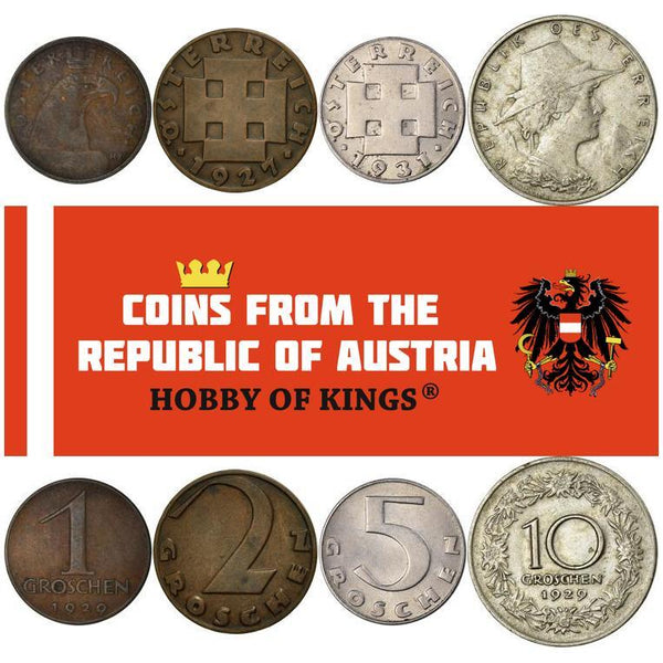 Austria | 4 Coin Set | 1 2 5 10 Groschen | Cross Potent | Tyrol Woman | Floral Wreath | 1925 - 1933