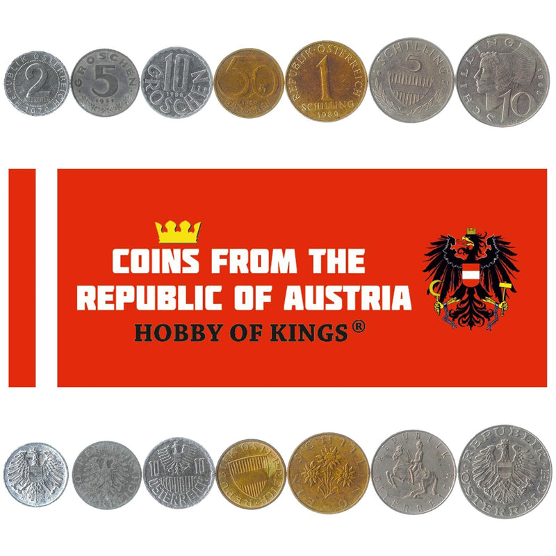 Austria | 7 Coin Set | 2 5 10 50 Groschen 1 5 10 Schilling | Austrian Escutcheon | Lipizzaner Stallion | Brettlhaube Headgear | 1948 - 2001