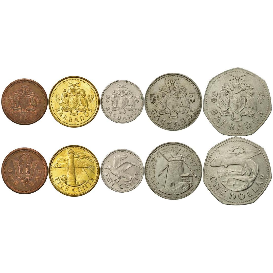 Barbados | 5 Coin Set | 1 Cent 5 10 25 Cents 1 Dollar | Trident | Lighthouse | Gull | Windmill | Flying fish | 1973 - 2007