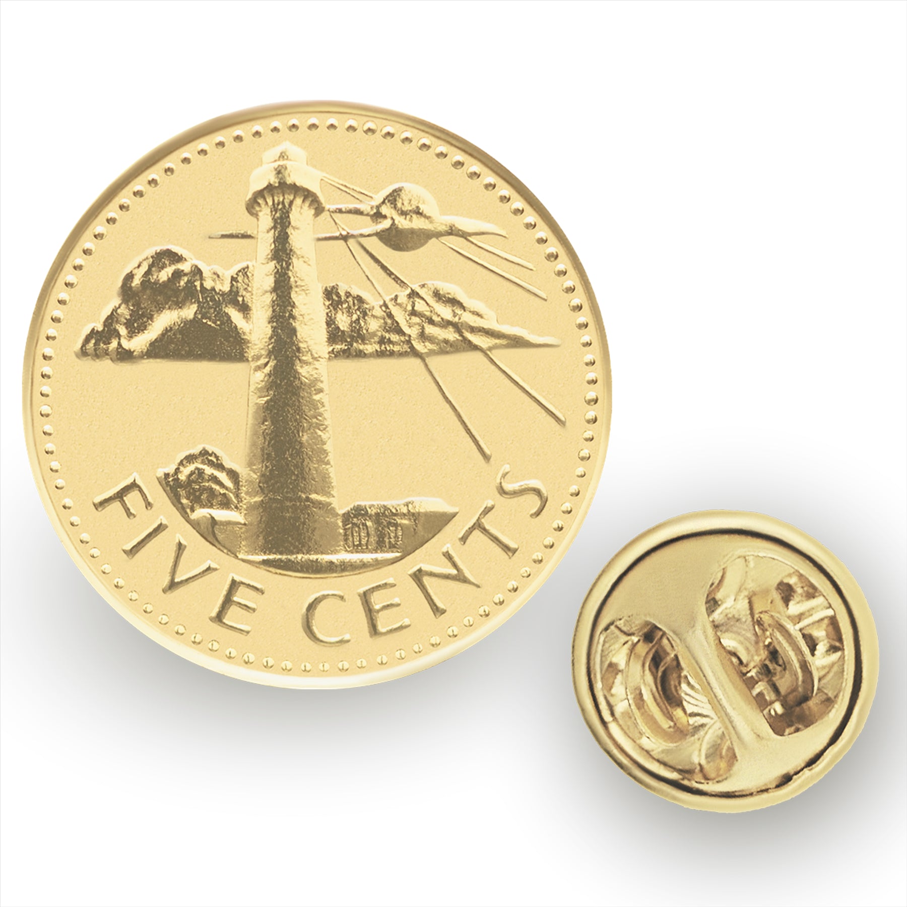 Barbados Coin Pin Brooch Badge | Genuine 5 Cents | 18K Gold Plated | Lighthouse | Navy | Sailor | Journey