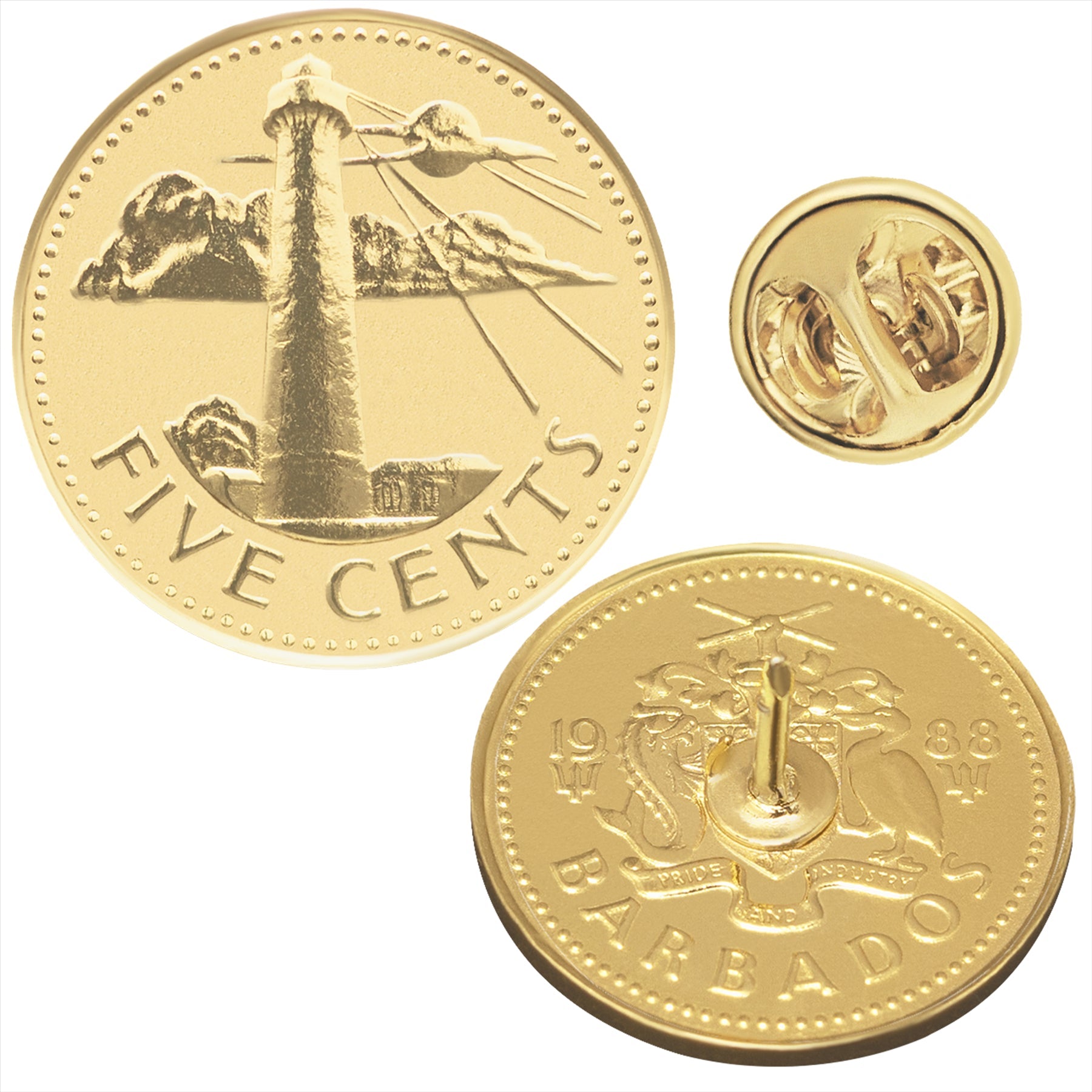 Barbados Coin Pin Brooch Badge | Genuine 5 Cents | 18K Gold Plated | Lighthouse | Navy | Sailor | Journey