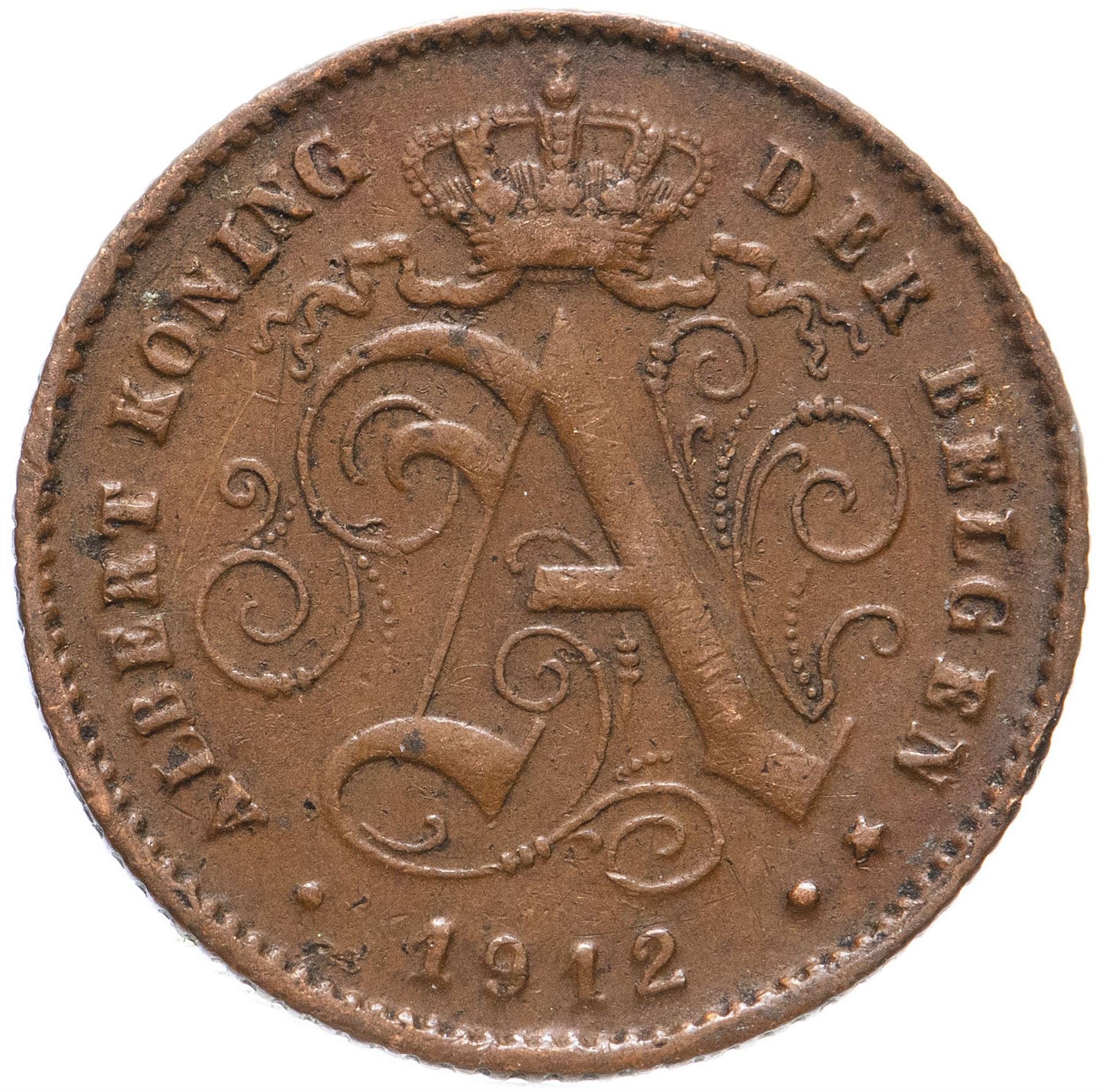 Belgian 1 Centime Coin | Albert I Belgie | Lion | Constitution | Star | KM77 | 1912