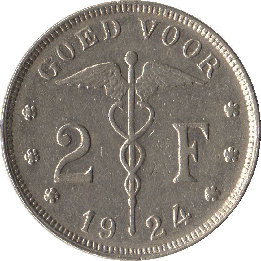 Belgian 2 Francs Coin | Albert I Belgie | Libertine | Caduceus | KM92 | 1923 - 1930