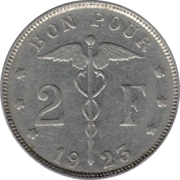 Belgian 2 Francs Coin | Albert I Belgique | Shield | Caduceus | KM91 | 1923 - 1930