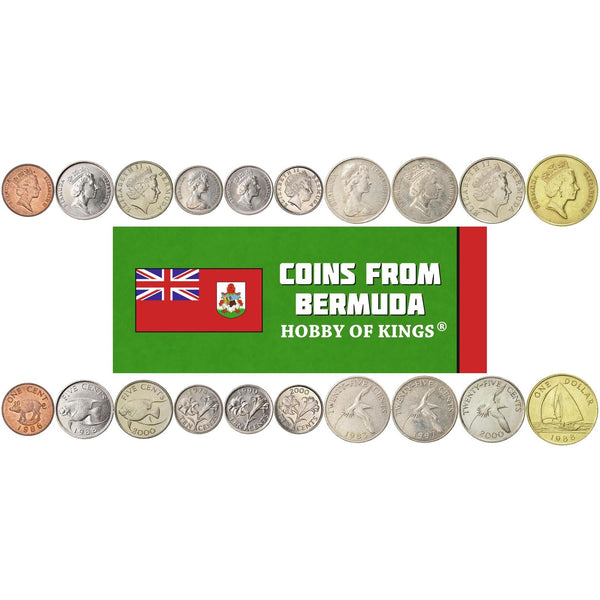 Bermuda | 10 Mixed Coins | 1 5 10 25 Cents 1 Dollar | Boar | Angelfish | Lily | Tropicbird | Sailboat | Elizabeth II | 1970 - 2021