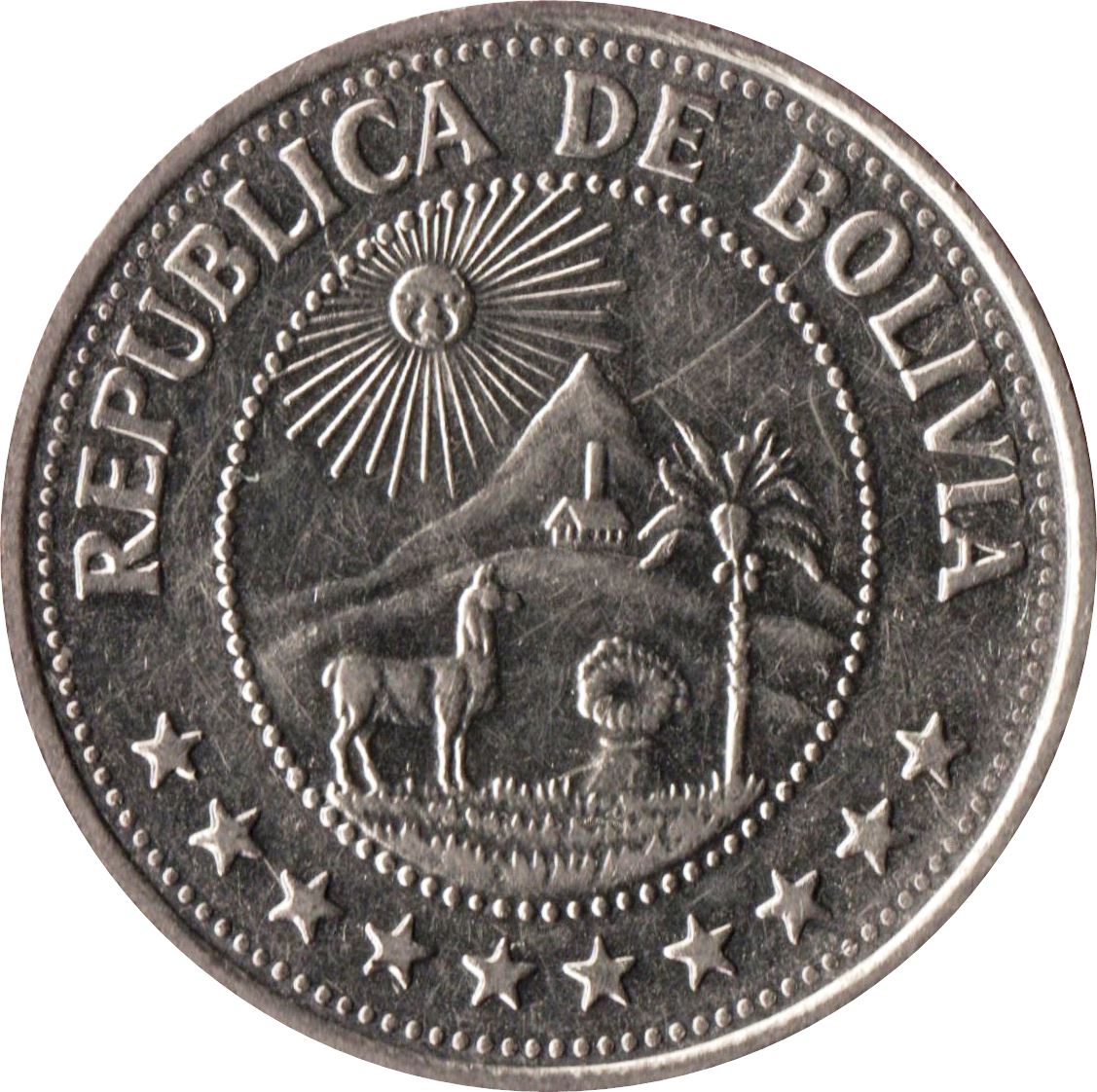 Bolivia 50 Centavos Coin | Mountains | Chapel | Palm Tree | Lama | KM190 | 1965 - 1980