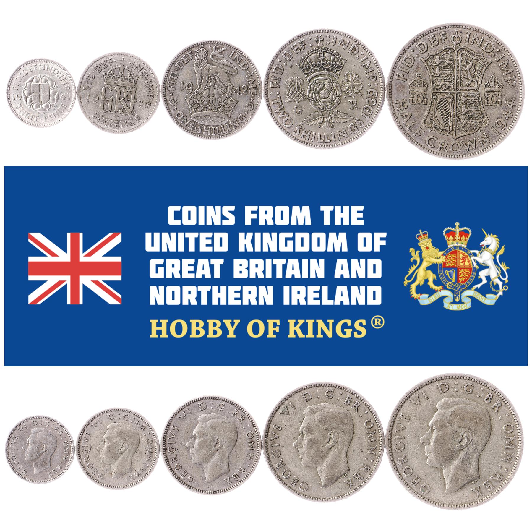 British 5 Coin Set 3 6 Pence 1 2 Shillings 1/2 Crown | George VI | Tudor Rose | United Kingdom | 1937 - 1946