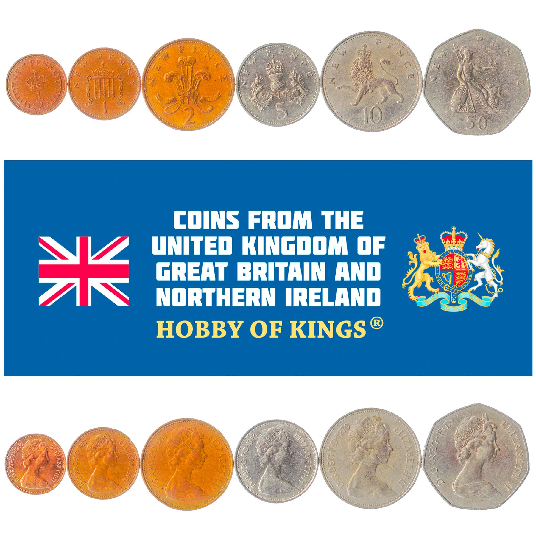 British 6 Coin Set 1/2 1 2 5 10 50 New Pence | Elizabeth II | Lion | Portcullis | Britannia | United Kingdom | 1968 - 1981