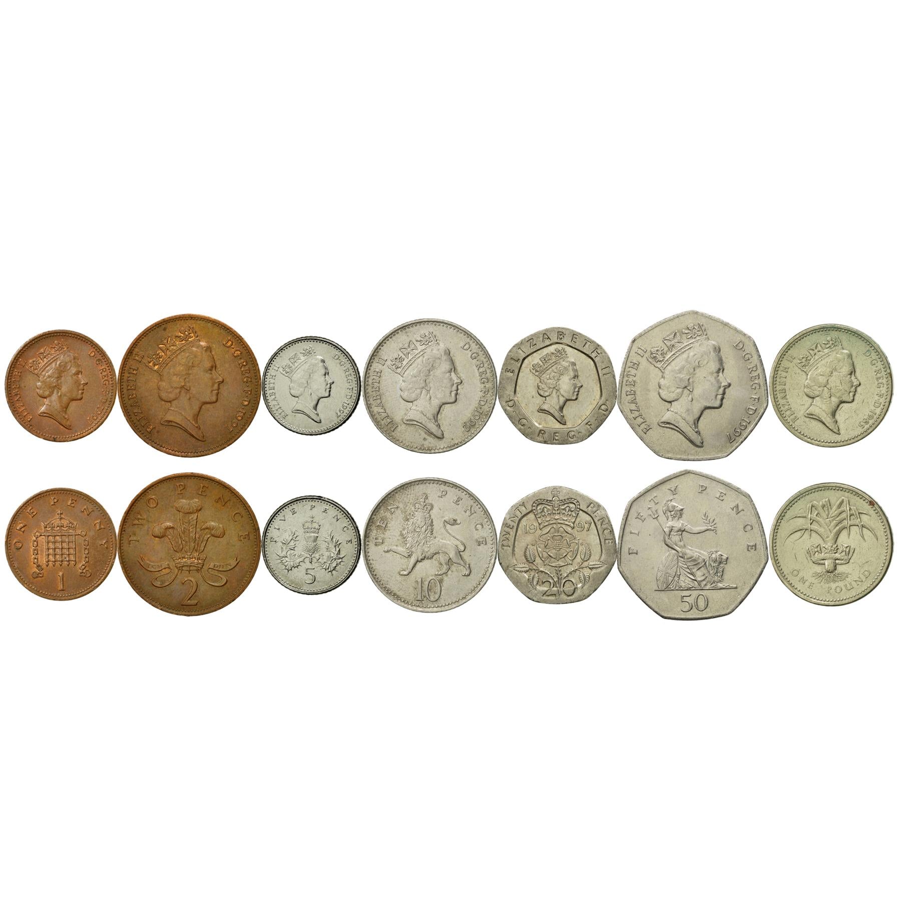 British 7 Coin Set 1 Penny 2 5 10 20 50 Pence 1 Pound | Elizabeth II | Lion | Britannia | United Kingdom | 1985 - 1997